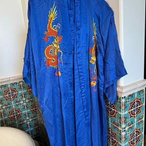Blue 100% Silk Robe with Ornate Dragon Embroidery